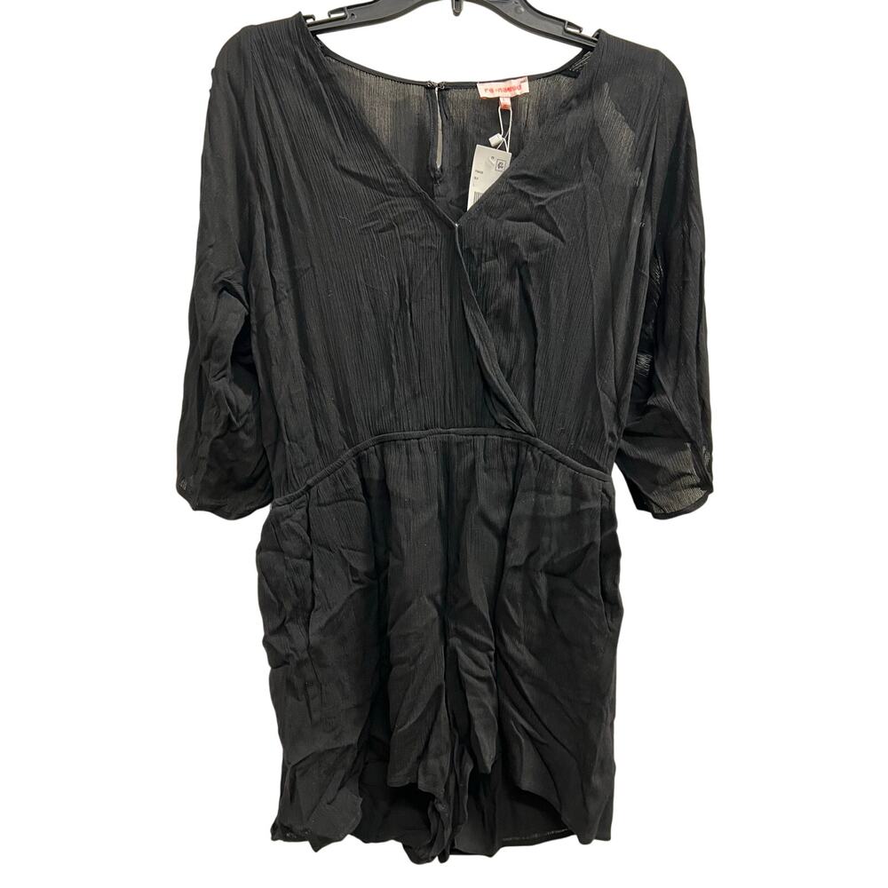 Re:Named black textured long-sleeve wrap romper ruffle split sleeves NWT SZ L